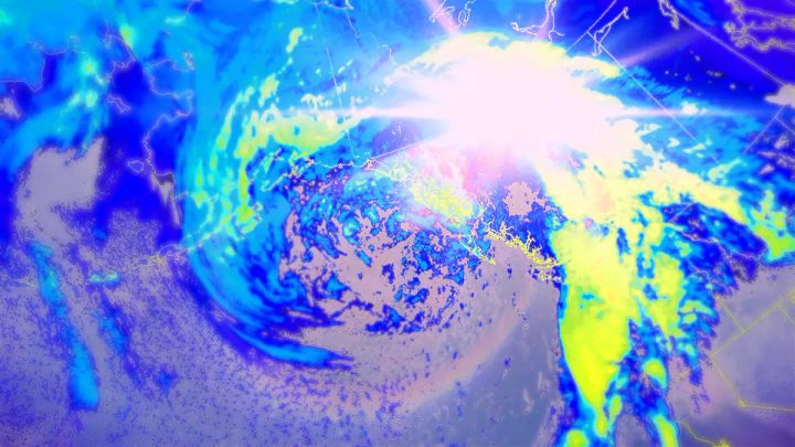 Artistic rendering of the GOES-West infrared satellite imagery of the storm coming on shore in the West.