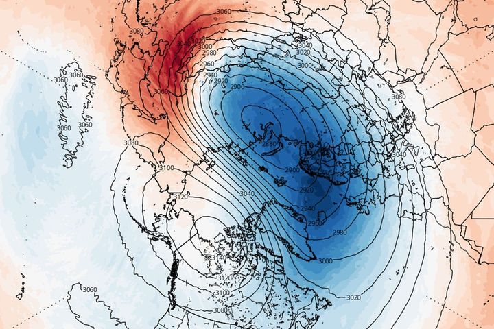 That red swath is warming of the Stratosphere from the Troposphere, a Sudden Stratospheric Warming event.