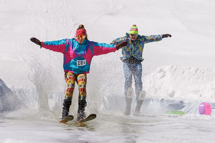 Pond skim season is in full swing though winter temps are at least coming back.  📷 Snow Ridge 
