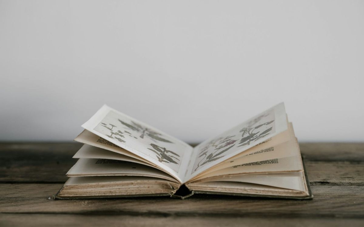 An open book resting on a weathered wooden table