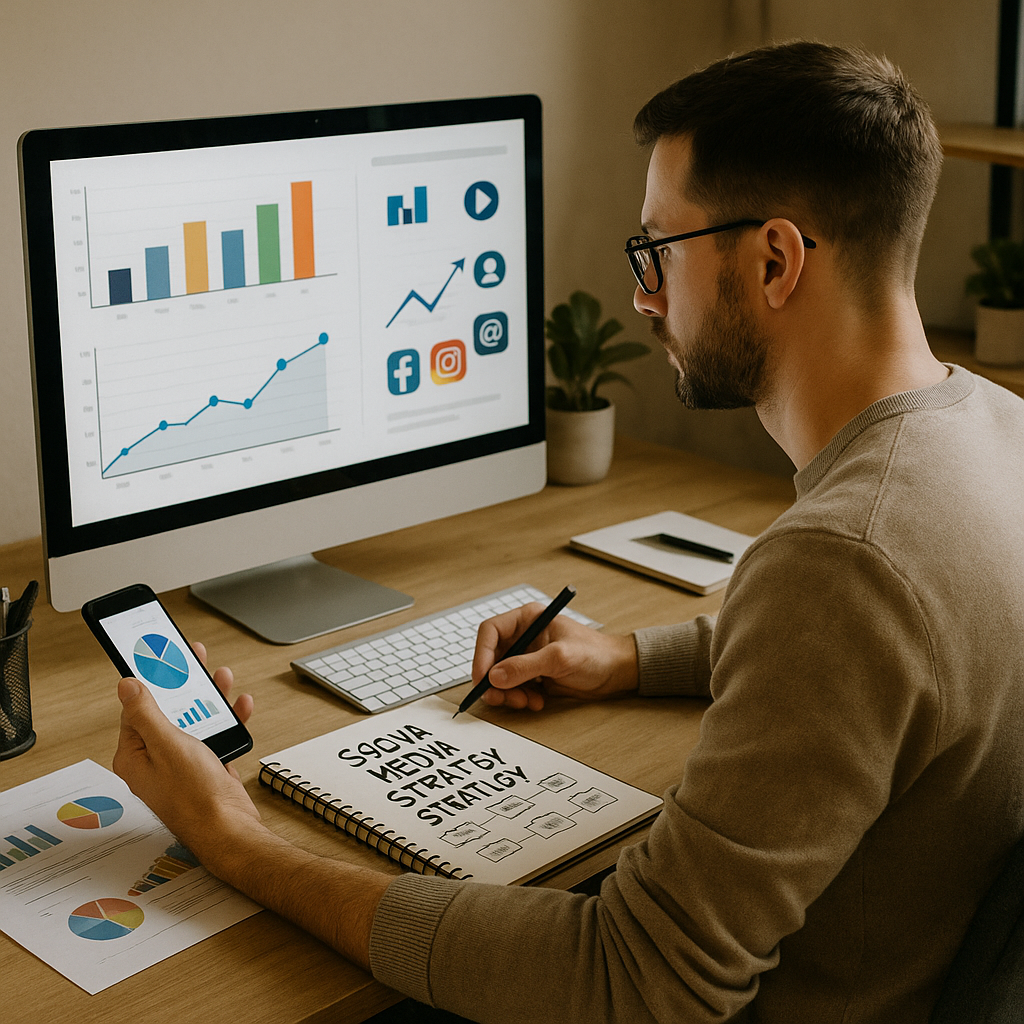 Illustration of data charts and AI icons guiding a social media growth strategy