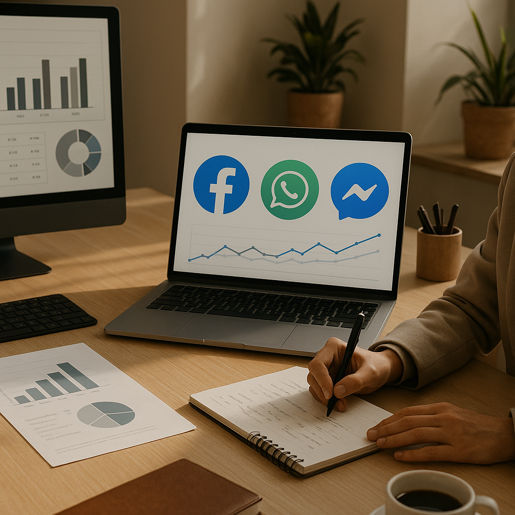 Illustration of shield protecting messages on Facebook, WhatsApp, and Messenger screens