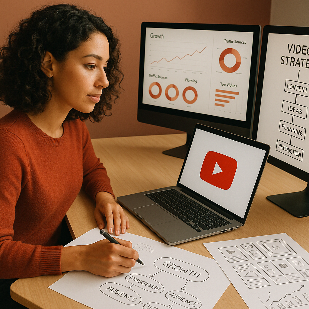 Ilustración de datos de retailers, insights de audiencia y planificación de campañas de YouTube en un panel