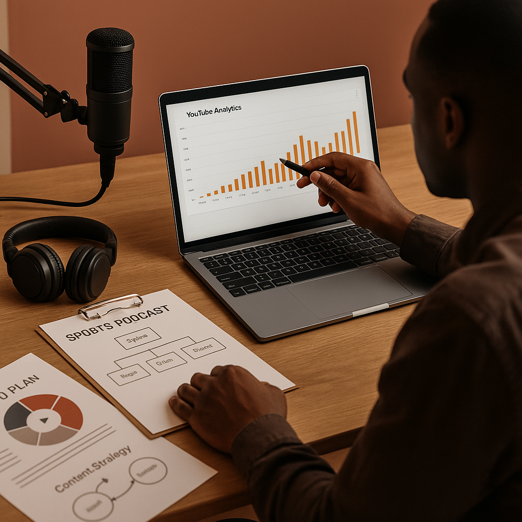 Sports podcast episode playing on YouTube with brand strategy notes on screen