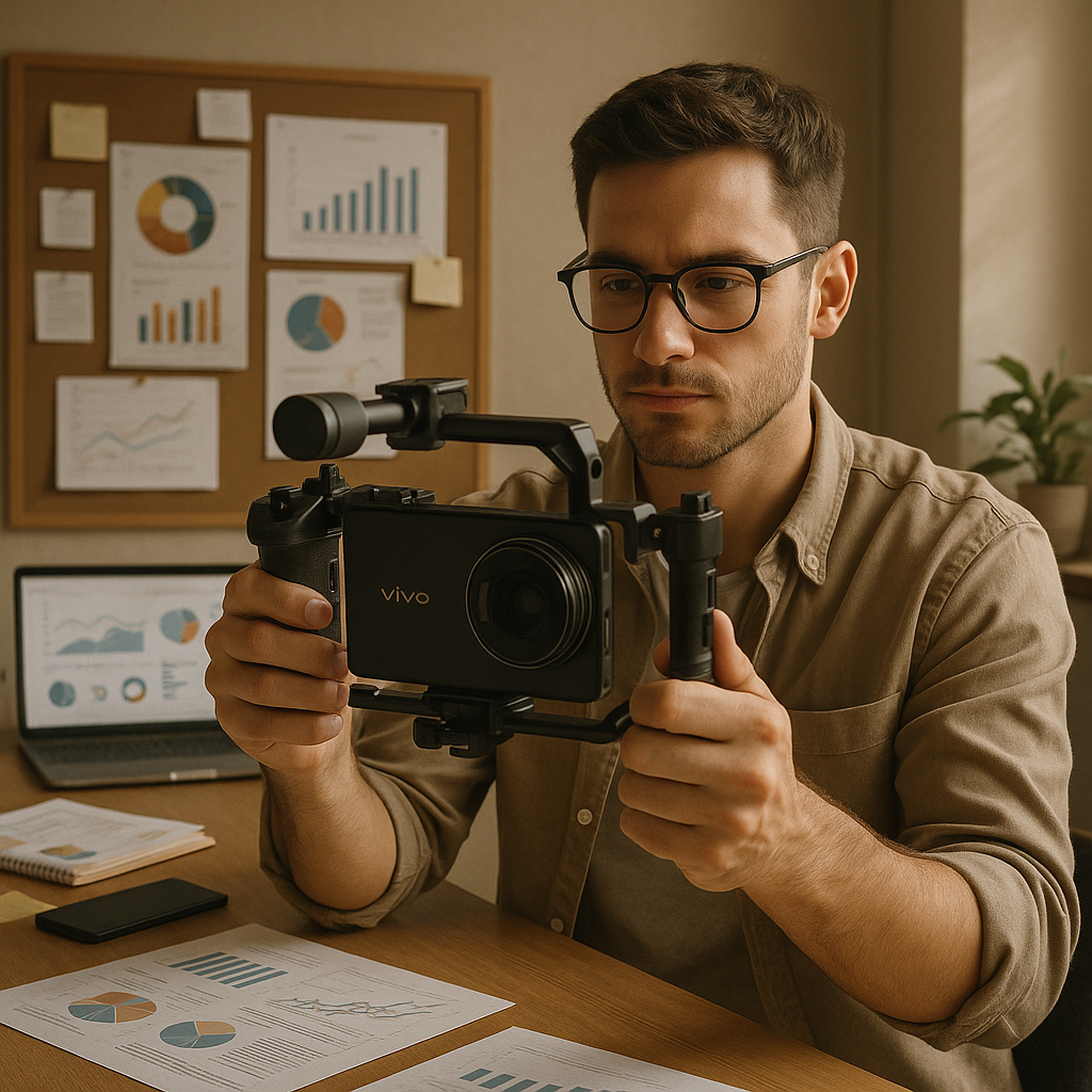 Illustrazione grafica del prossimo Vivo con setup di rig fotocamera professionale