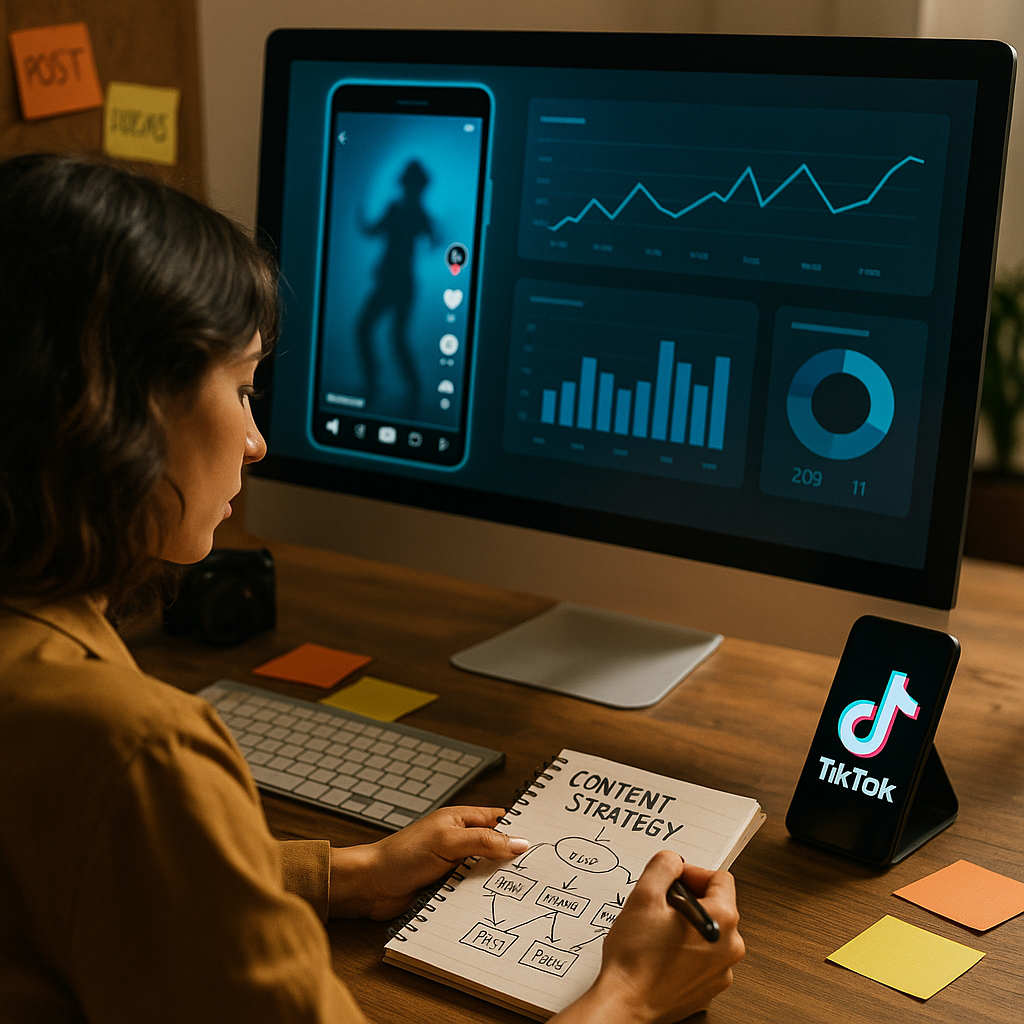 Donna d'affari presenta una strategia TikTok su uno schermo digitale