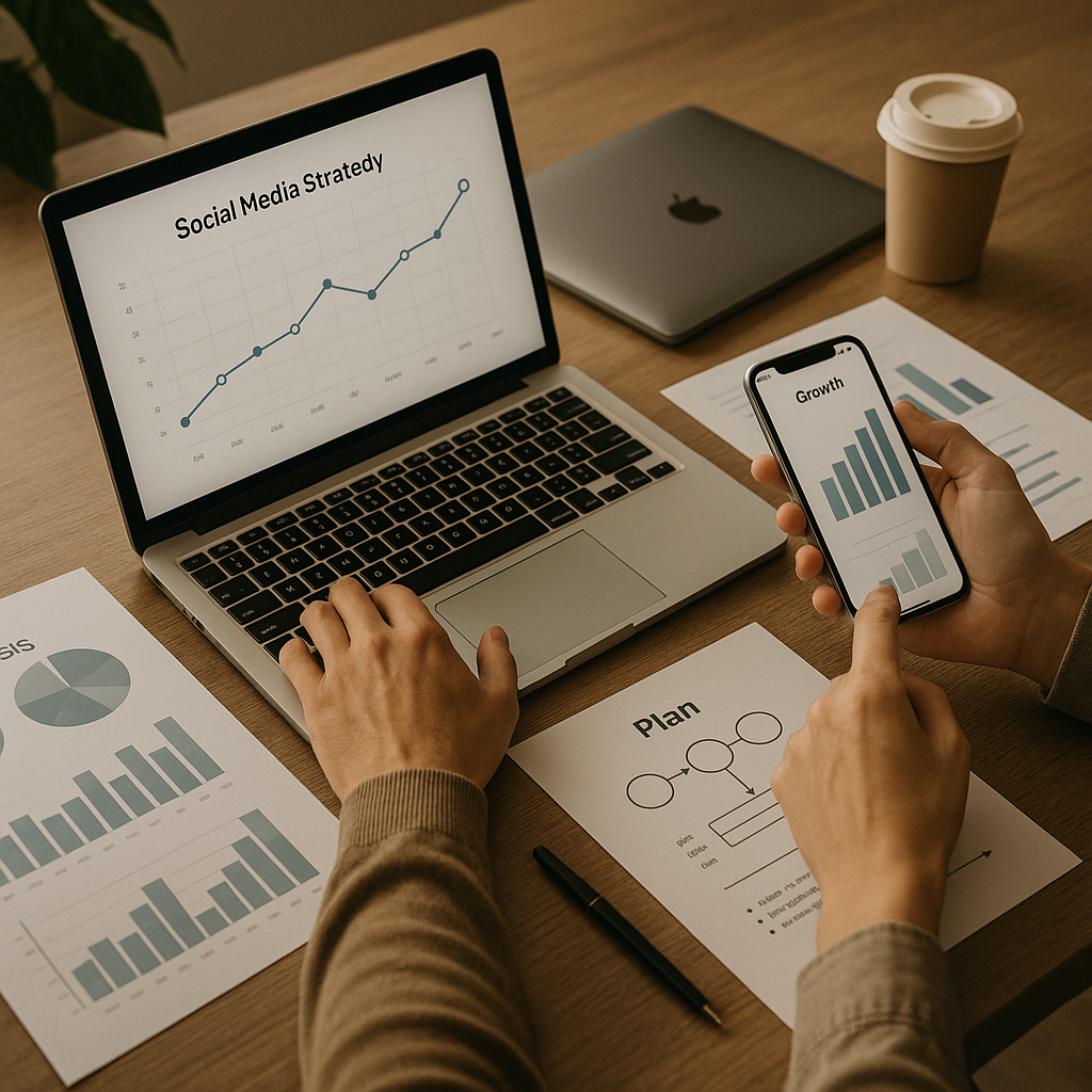 Concept di MacBook Neo e iPhone 17E con grafici di crescita social