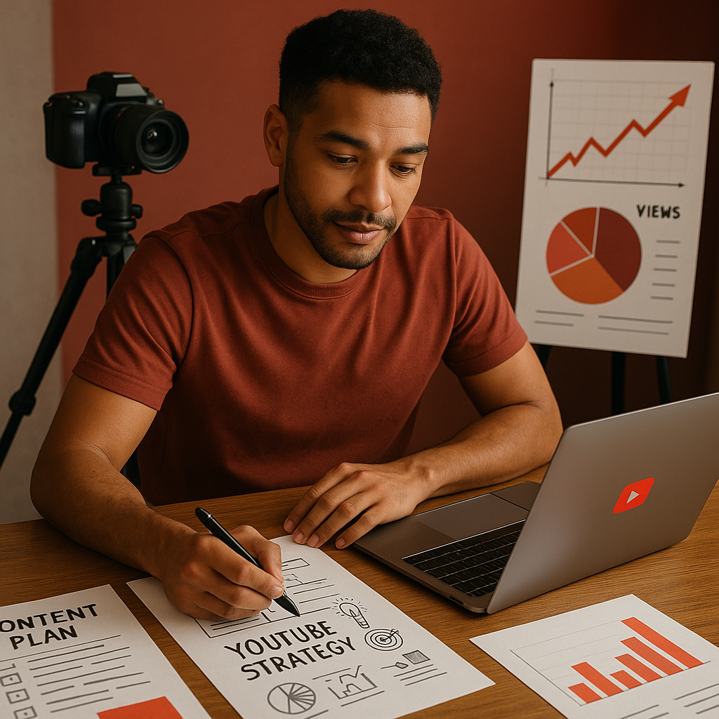 Criador analisando métricas de crescimento do YouTube, thumbnails e analytics em um laptop