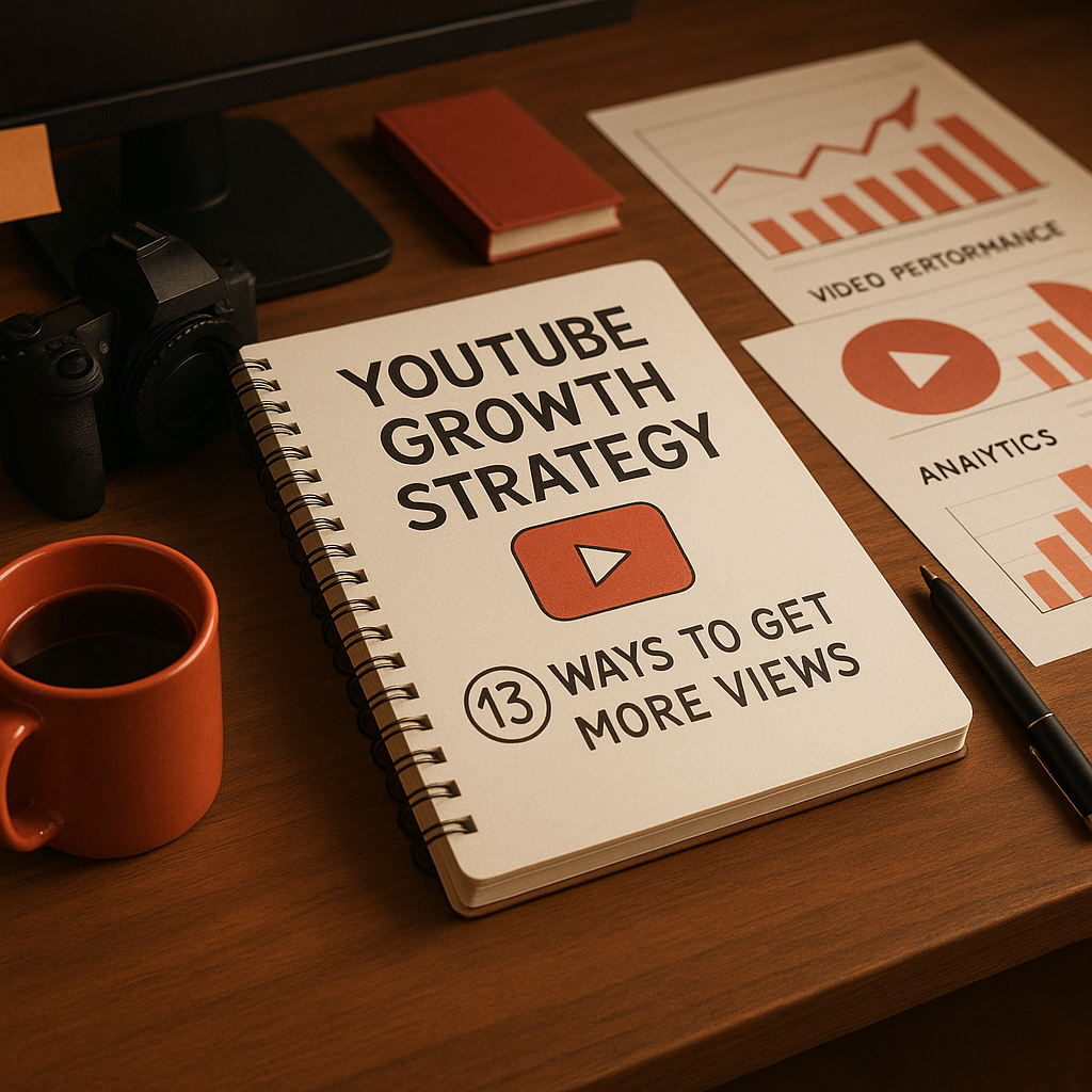 Creador analizando analíticas de YouTube, miniaturas y métricas de crecimiento en un portátil