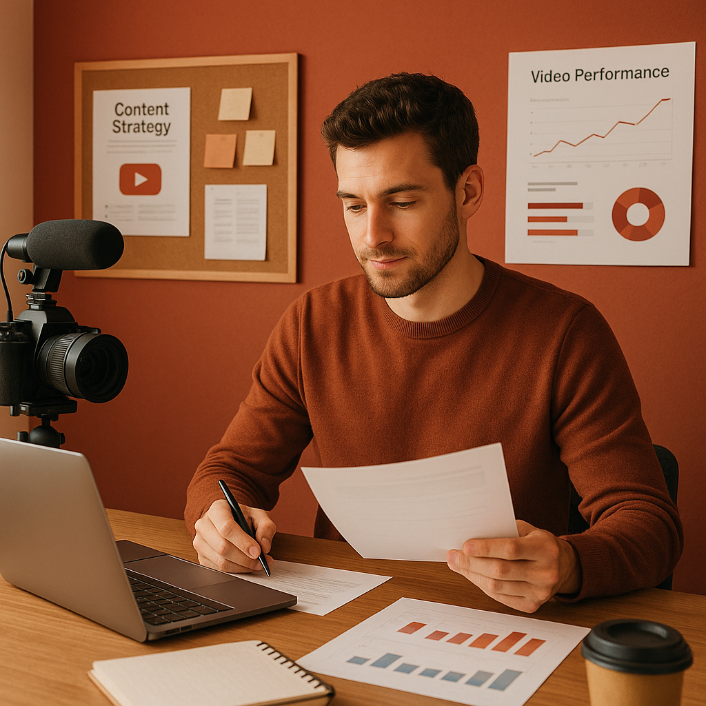 Creator che analizza analytics, miniature e metriche di crescita di YouTube su un laptop