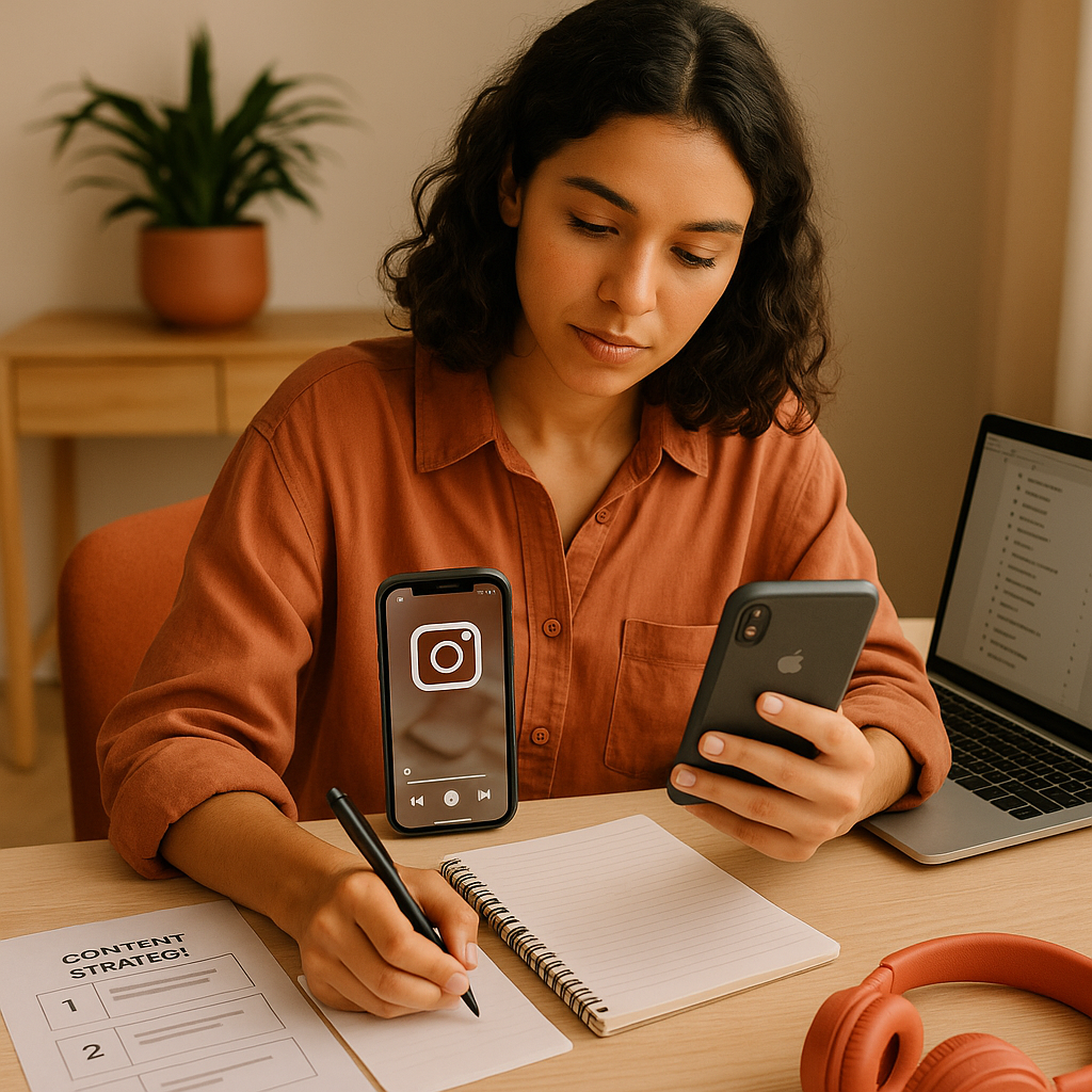 Persona navegando Instagram con notas musicales y ícono de sonido en tendencia