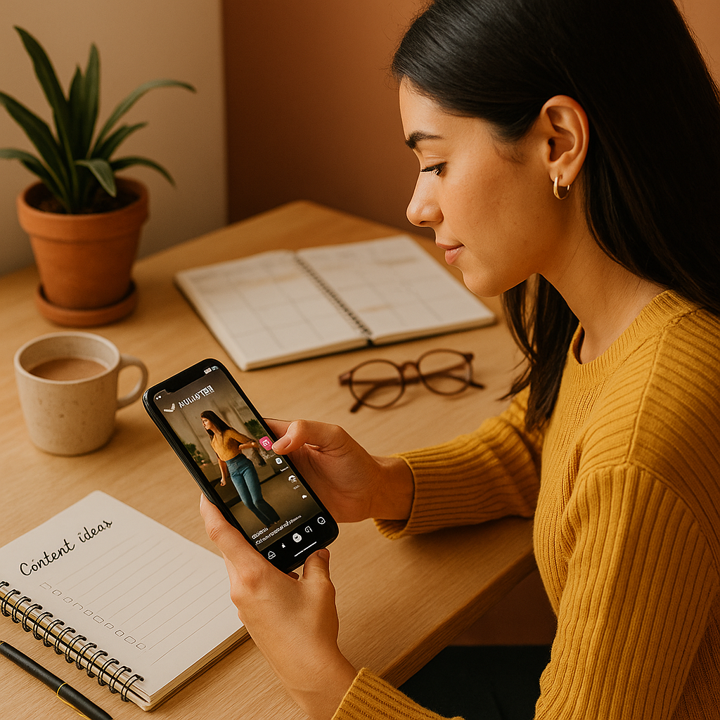 Persona che scorre Instagram con note musicali e icona di suono in tendenza