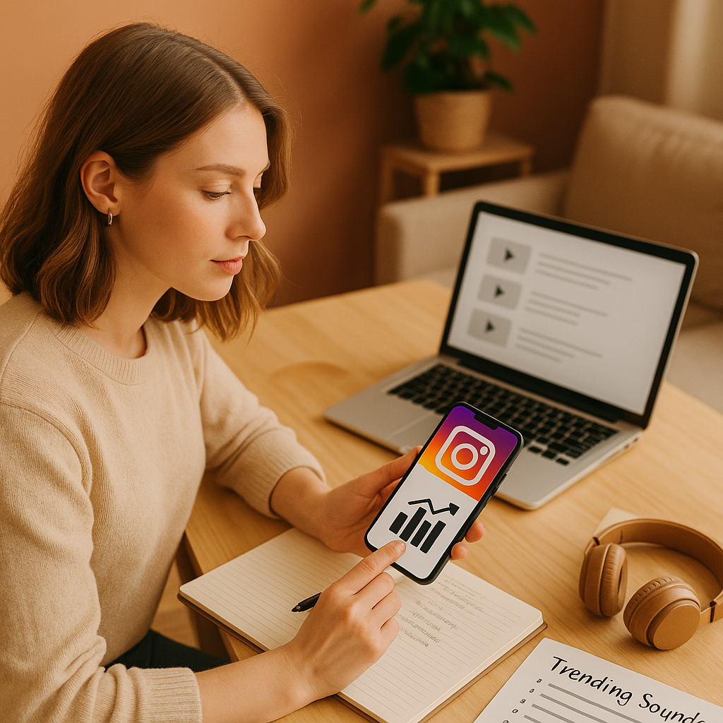 Persoon surft Instagram met muzieknoten en trending-soundicoon