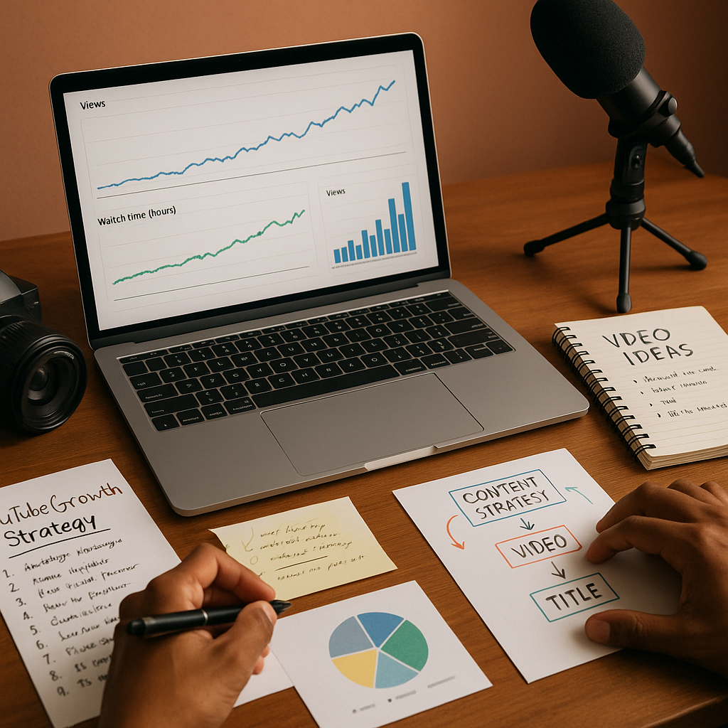 Creator analyzing YouTube analytics, thumbnails, and growth metrics on a laptop dashboard