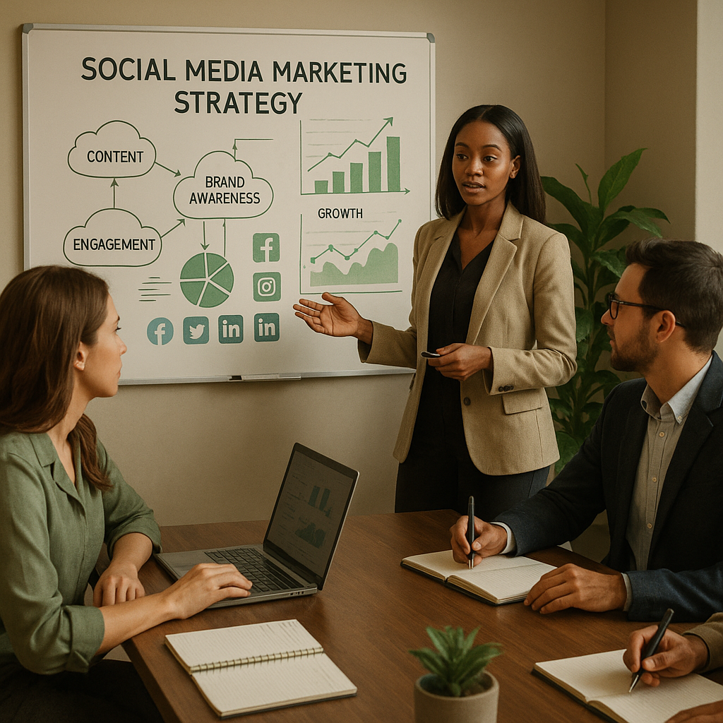 Team coordinating a social media plan on screens and notebooks