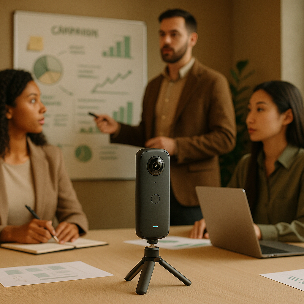 360-degree camera capturing immersive social media content in a modern studio setting