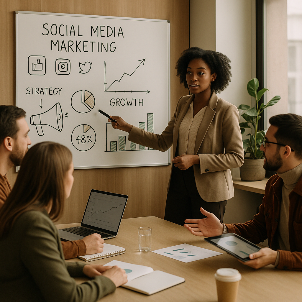 Equipe analisando melhorias de conversão para uma estrategia de marketing em redes sociais em 2026