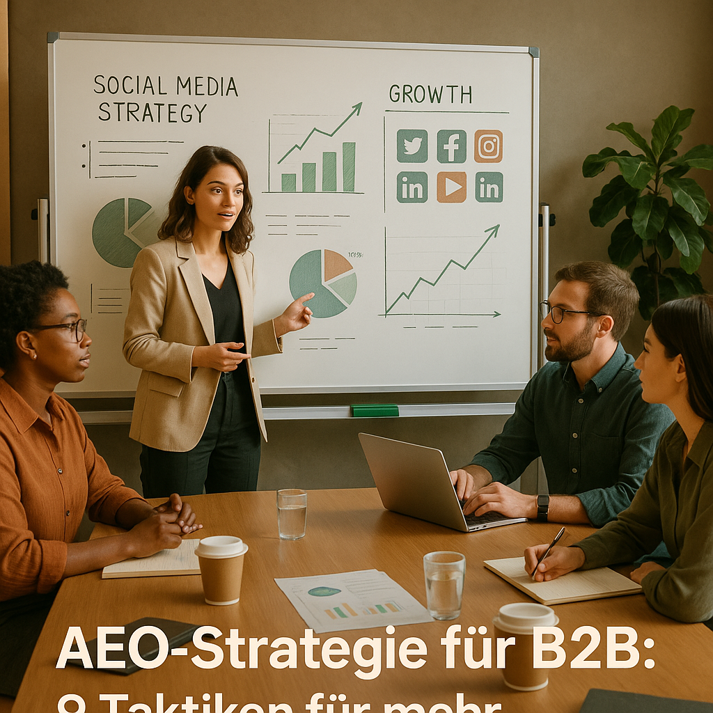 B2B-Team prüft auf einem Dashboard eine AEO-Strategie für bessere Sichtbarkeit in Answer Engines.