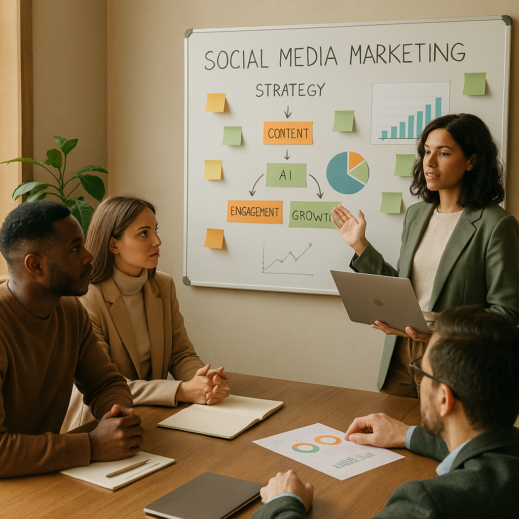 Ilustración de agentes de IA gestionando redes sociales