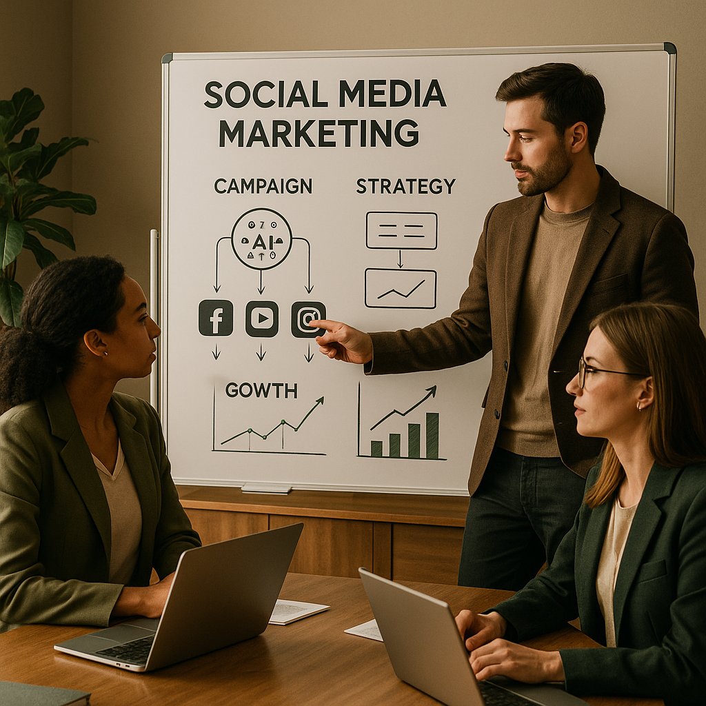 Illustration von KI-Agenten, die Social-Media-Posts planen