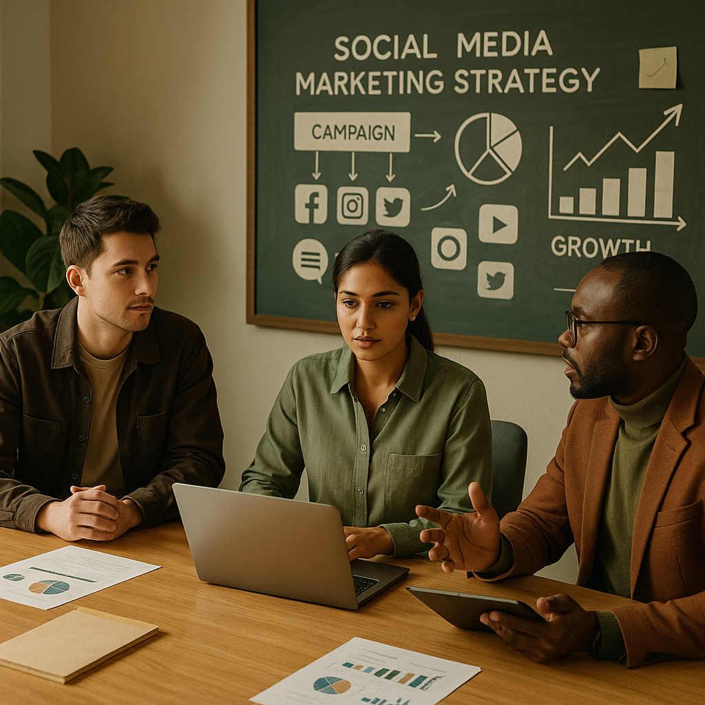 Team dat een AI-gedreven workflow voor social media marketing plant op een dashboard