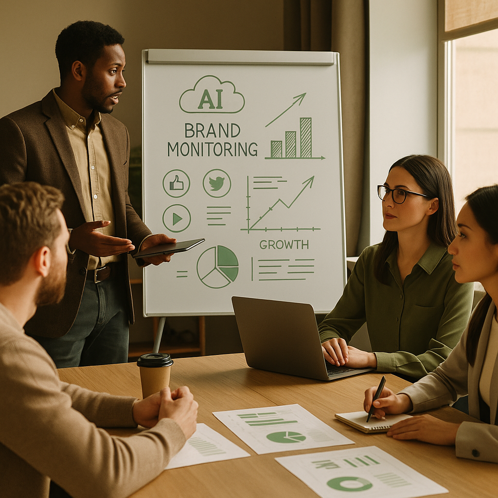 Dashboard showing AI brand monitoring for social media sentiment, mentions, and alert trends