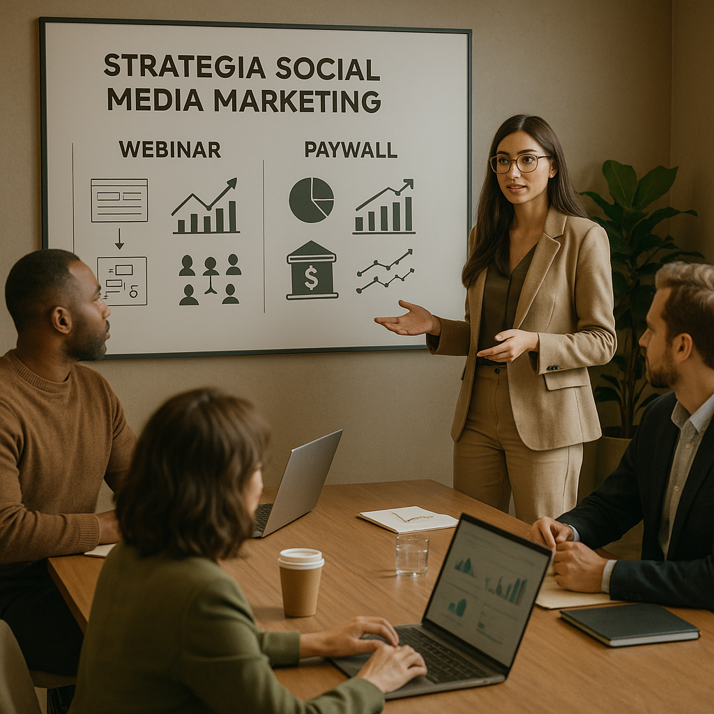 Strumenti creator Beehiiv su schermo laptop con concetti di webinar e paywall