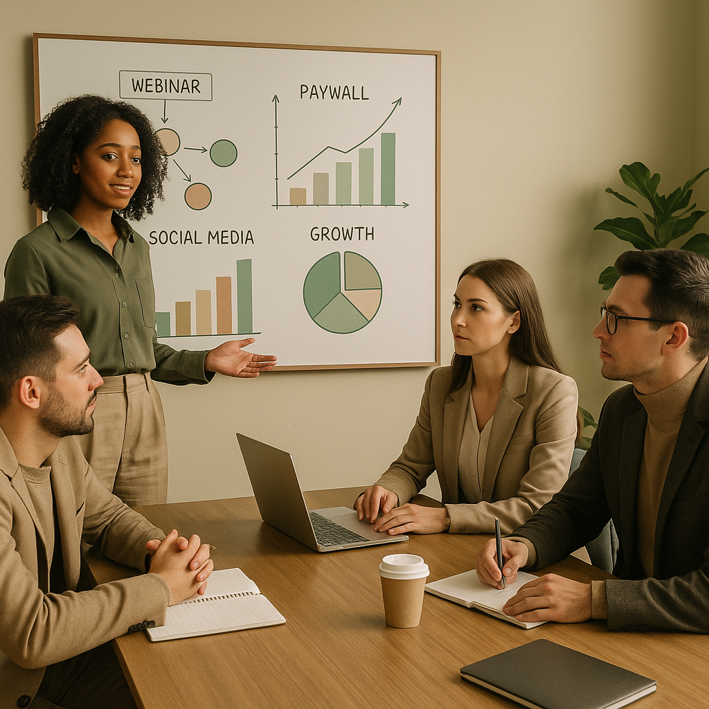 Beehiiv creator tools on a laptop screen with webinar and paywall concepts