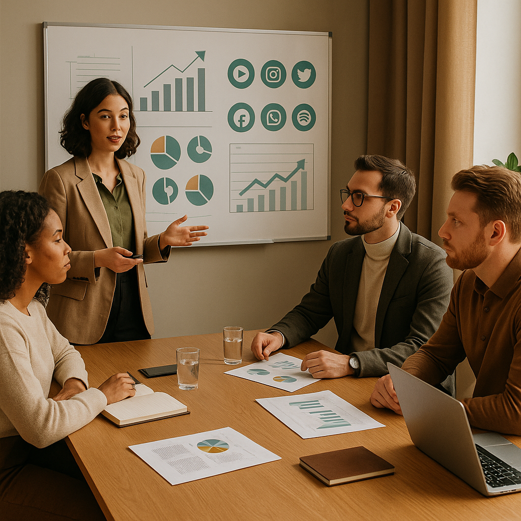 Team che analizza i benchmark social media 2026 su una dashboard per migliorare le performance di marketing
