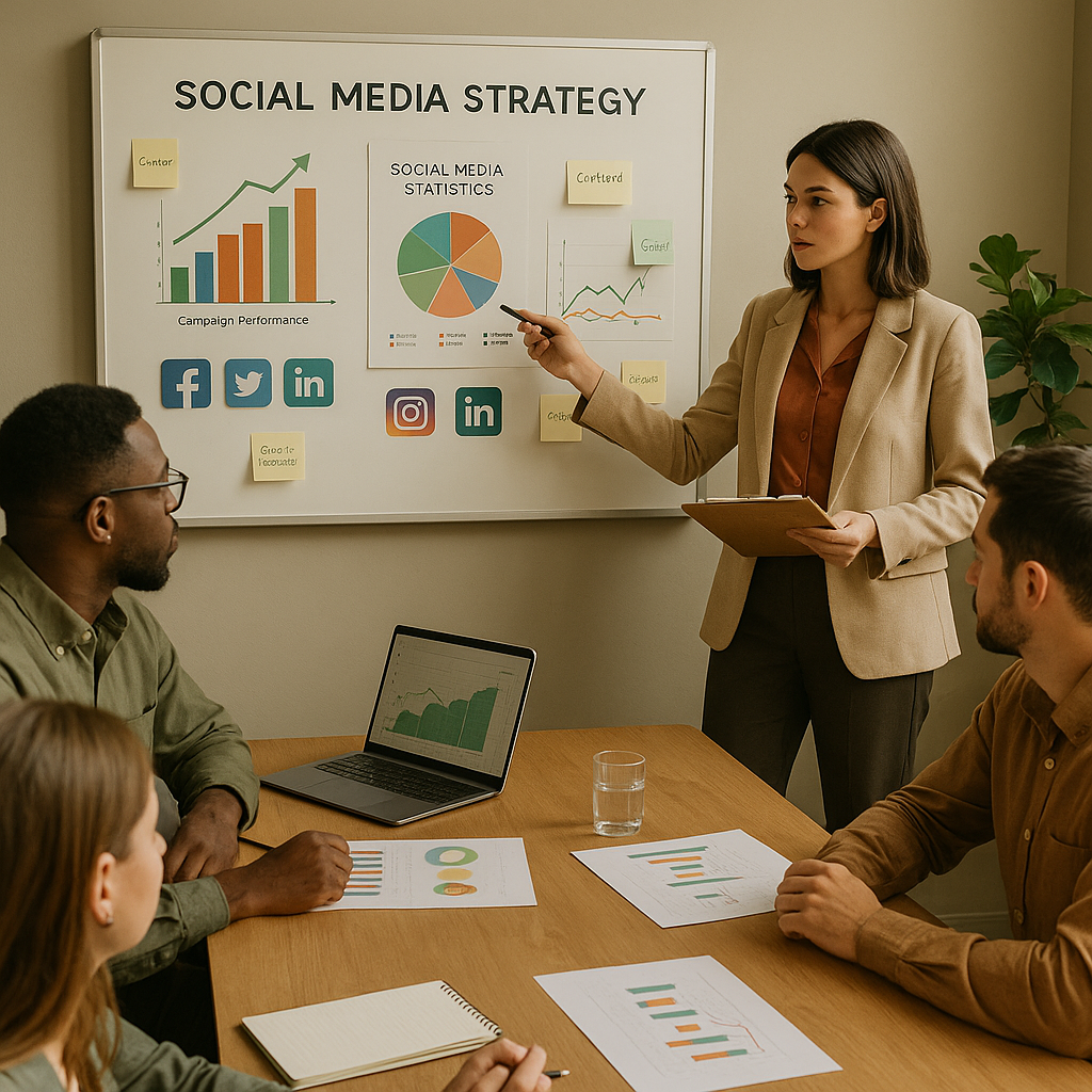 Pessoas interagindo com painel analítico de redes sociais na tela