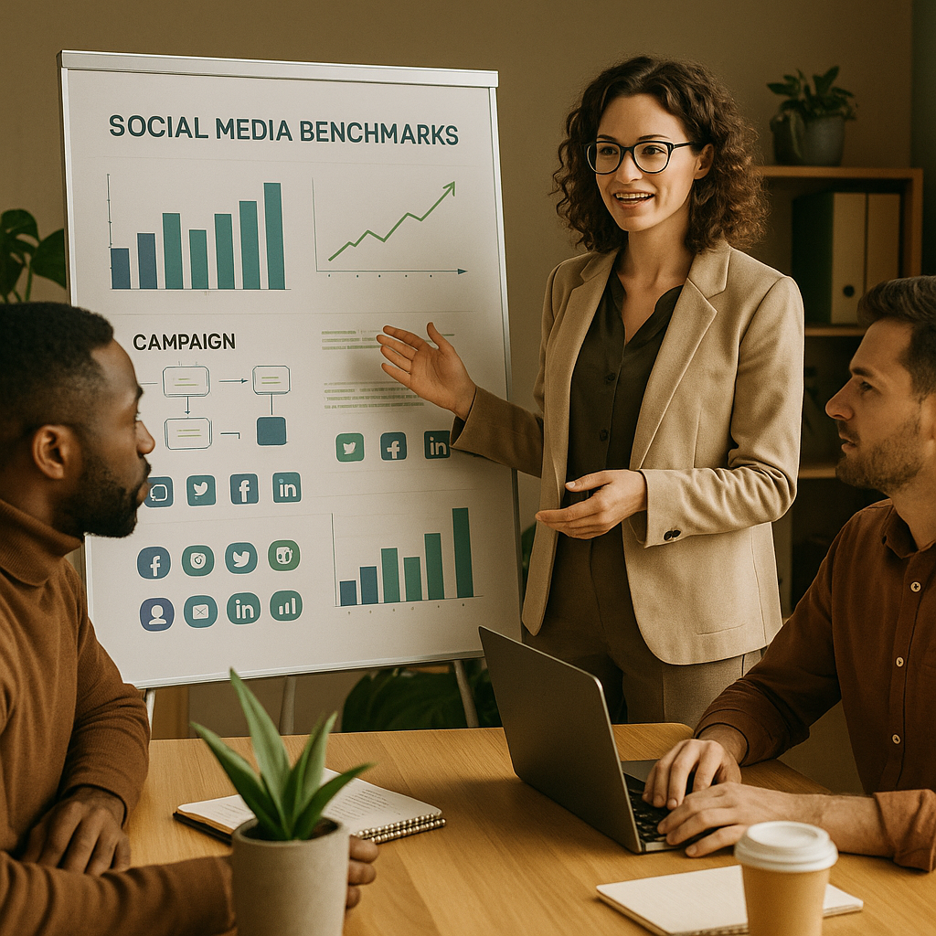 Équipe analysant les benchmarks 2026 sur un tableau de bord pour améliorer la performance marketing