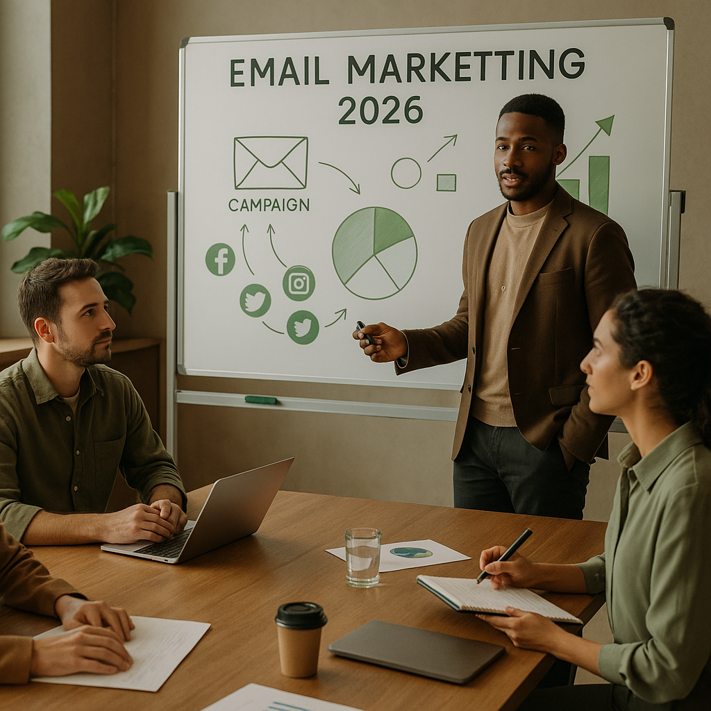 Laptop screen showing email marketing analytics, campaign builder, and automation dashboard for 2026 planning.