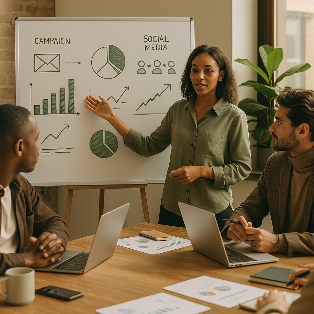 Email marketing dashboard with campaign analytics, automation flows, and subscriber lists on a modern workspace screen.