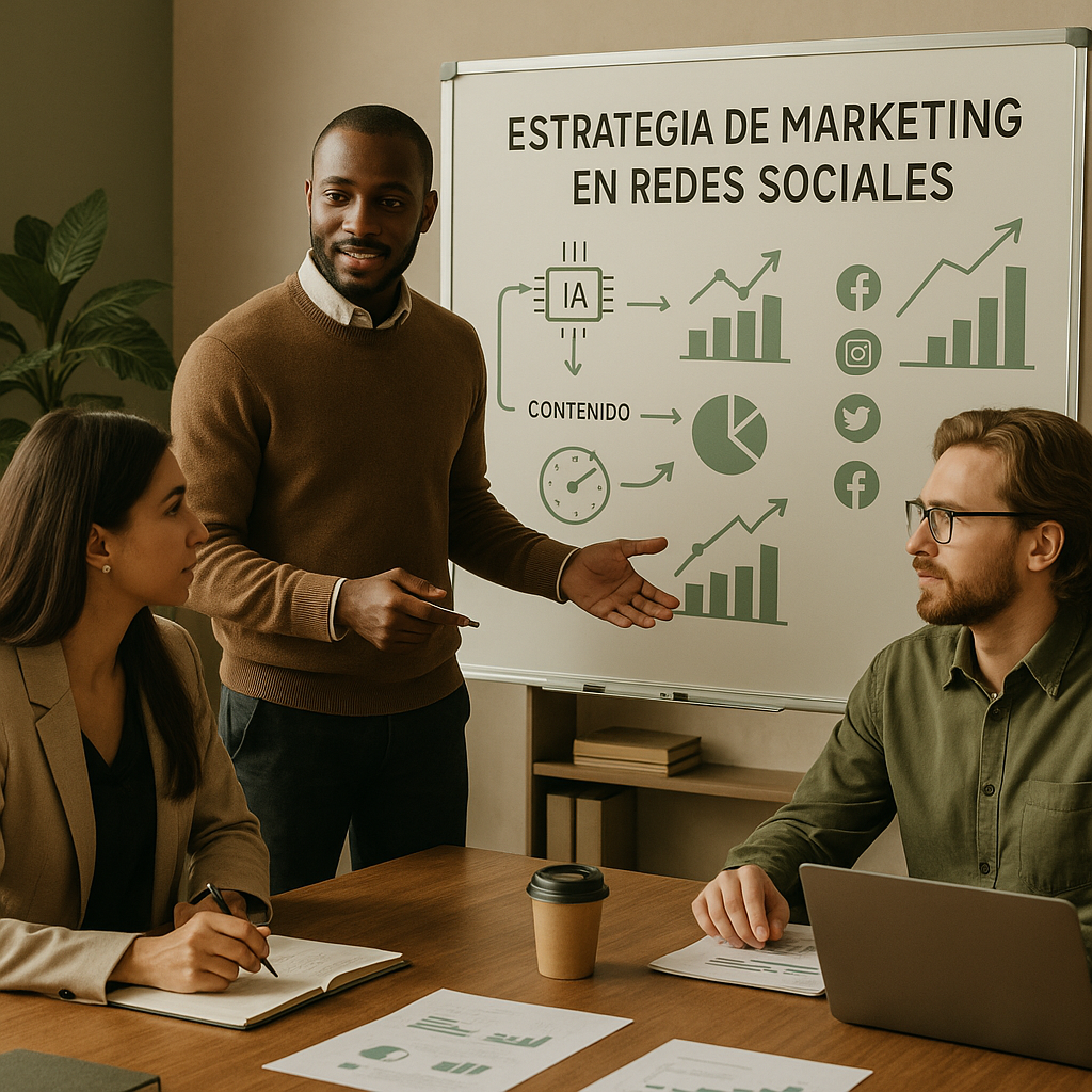 Ilustración de un feed social con controles asistidos por IA y una navegación más calmada.