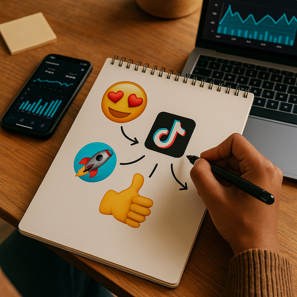 Stratégie d’engagement TikTok illustrée avec des exemples d’emoji codes sur l’écran d’un smartphone