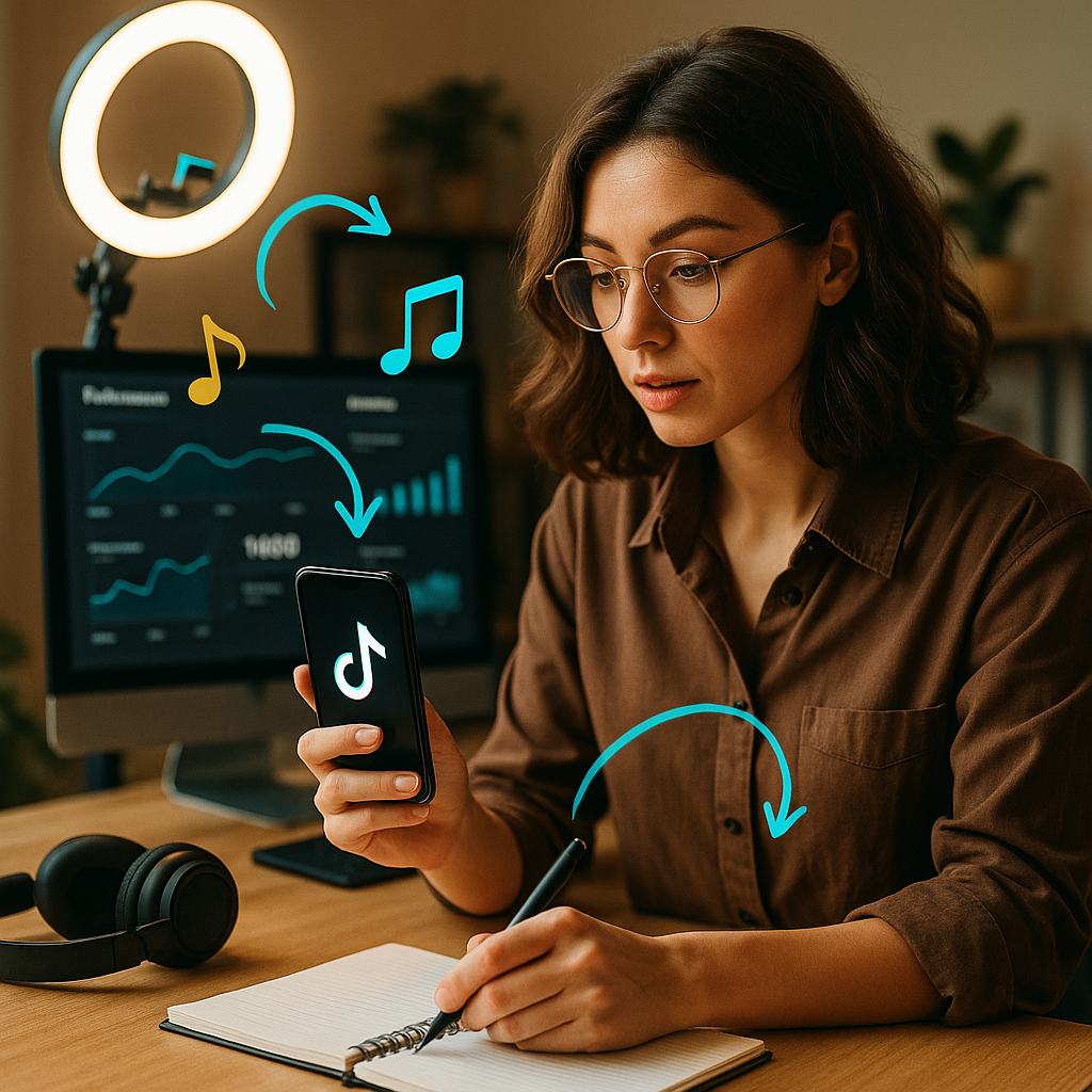 Creator che modifica un video TikTok monitorando brani UK in tendenza e metriche di engagement