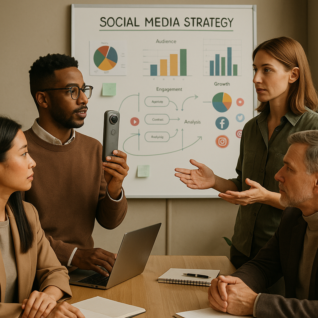 Cámara 360 capturando contenido inmersivo para redes sociales en un estudio moderno