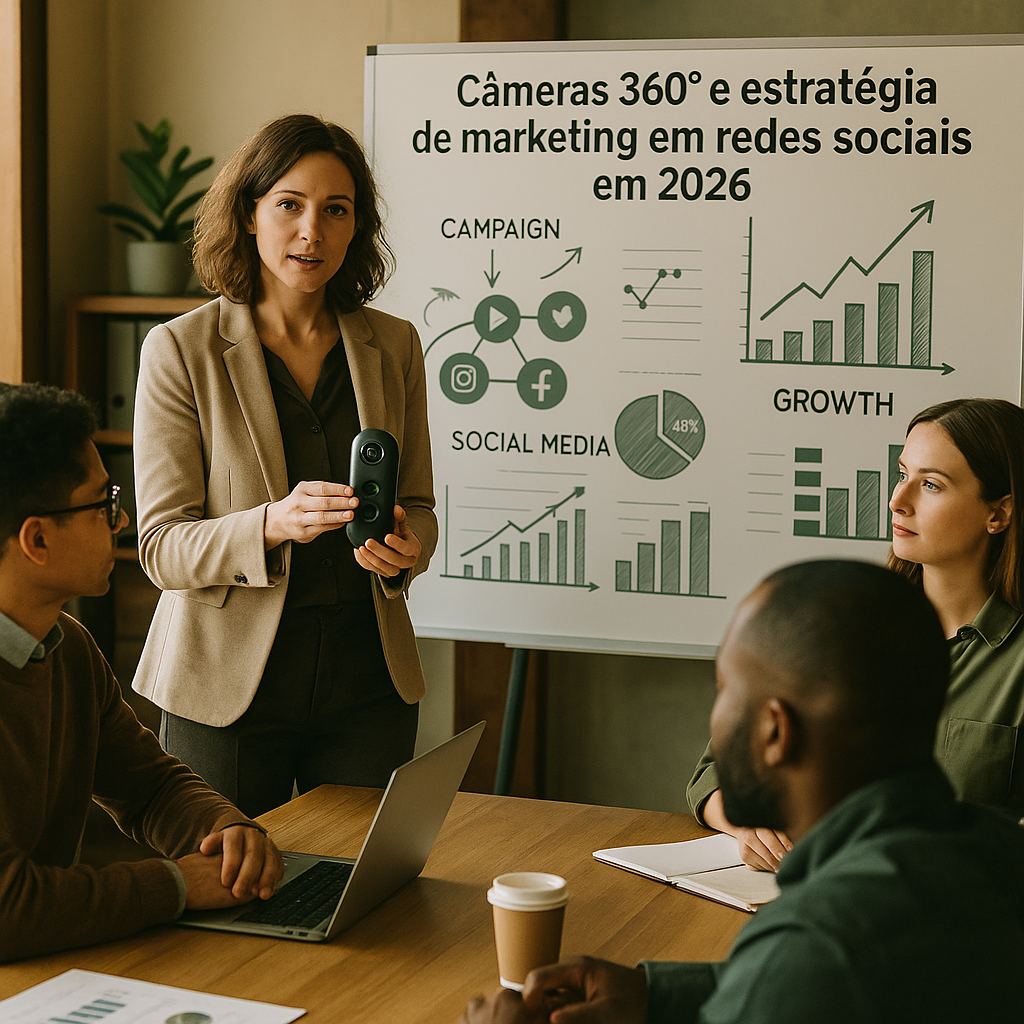 Câmera 360º capturando conteúdo espacial imersivo para estratégia de marketing em redes sociais