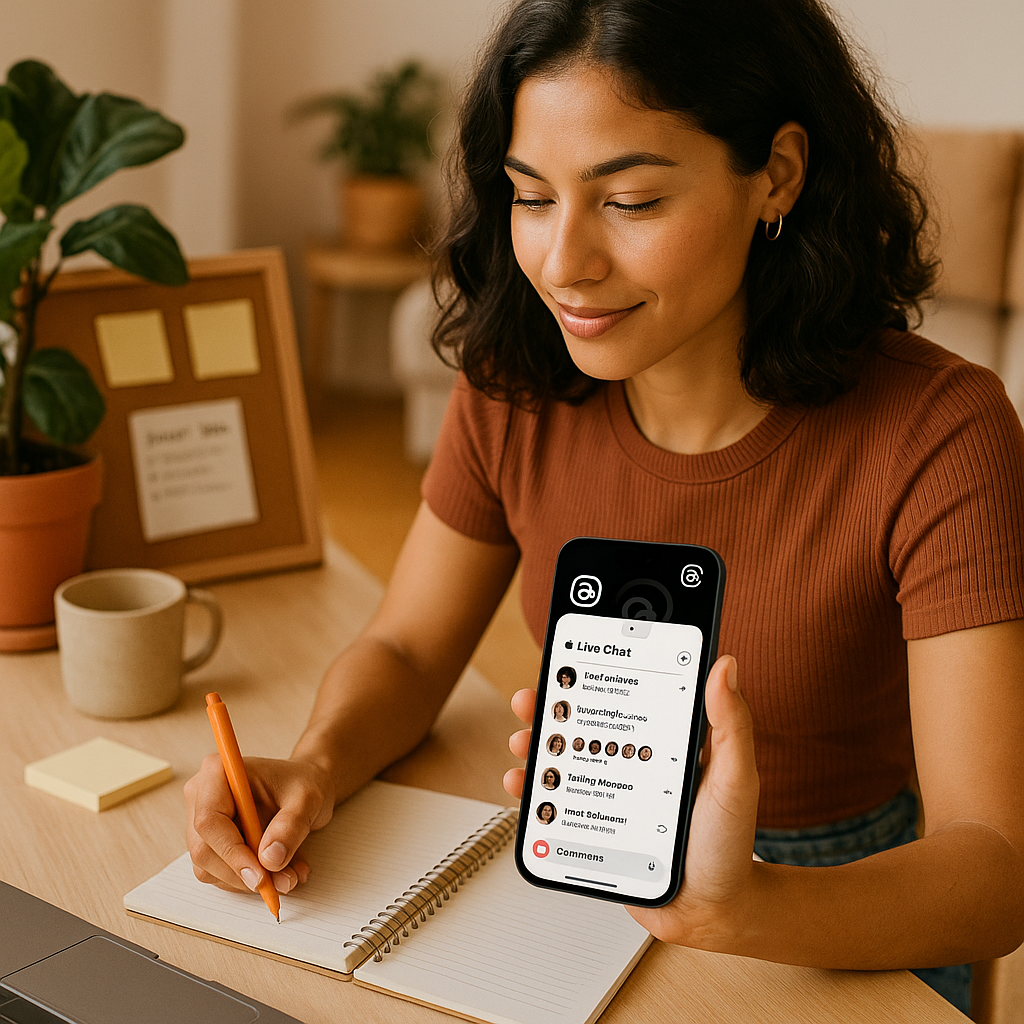 Creador interactuando con una audiencia mediante chats en vivo en Threads para una estrategia de crecimiento en Instagram.