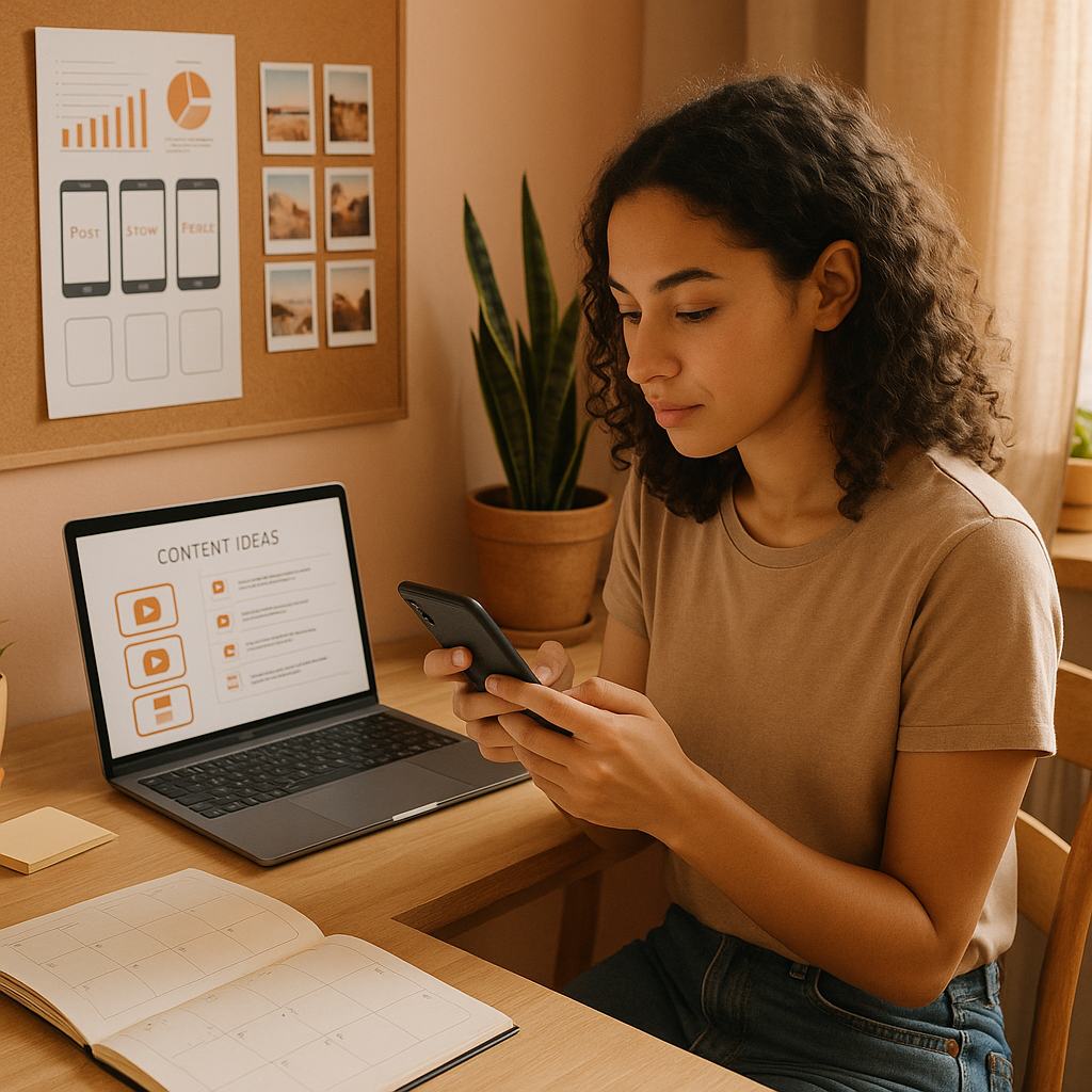 Persona che usa uno smartphone con branding Instagram e analisi