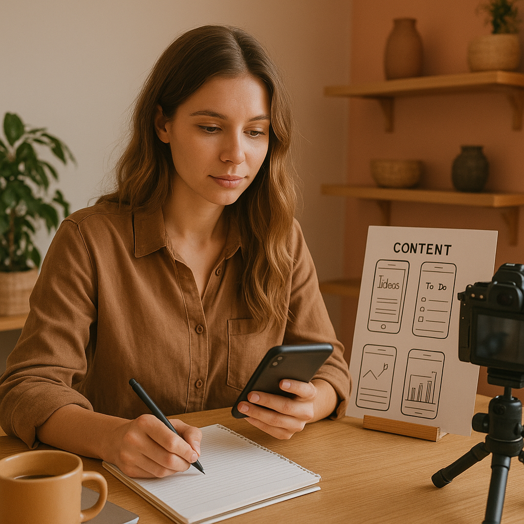 Creator che analizza Instagram analytics e opzioni di monetizzazione su laptop e smartphone