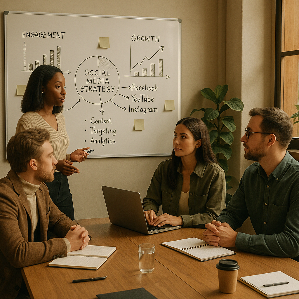 Creadores trabajando con un flujo de imagen de IA basado en nodos en un estudio de contenido moderno