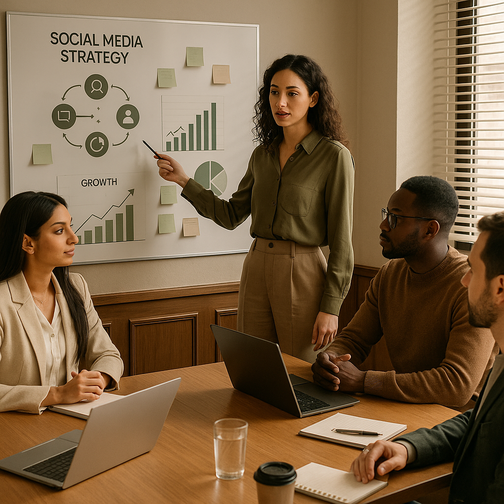 Creators working with a node-based AI image workflow in a modern content studio