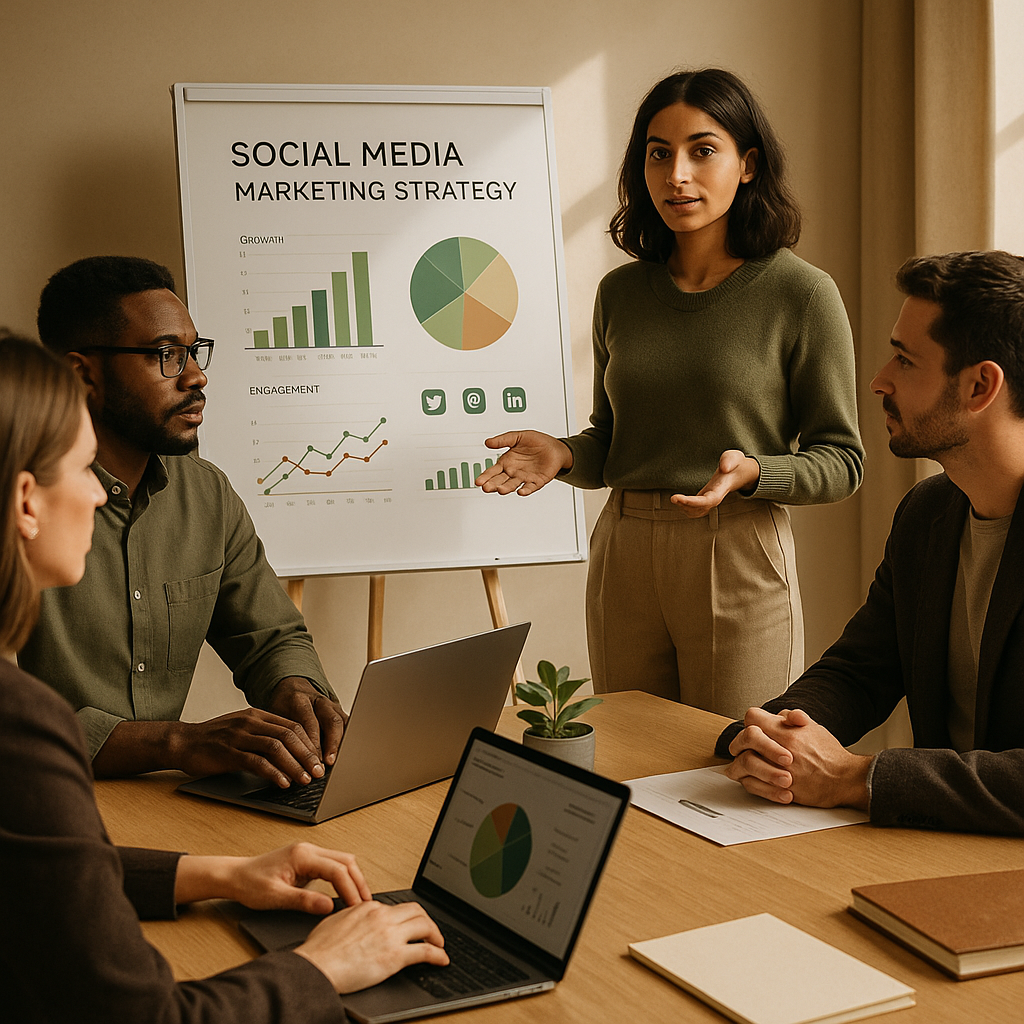 Creators werken met een node-based AI-imageworkflow in een moderne contentstudio