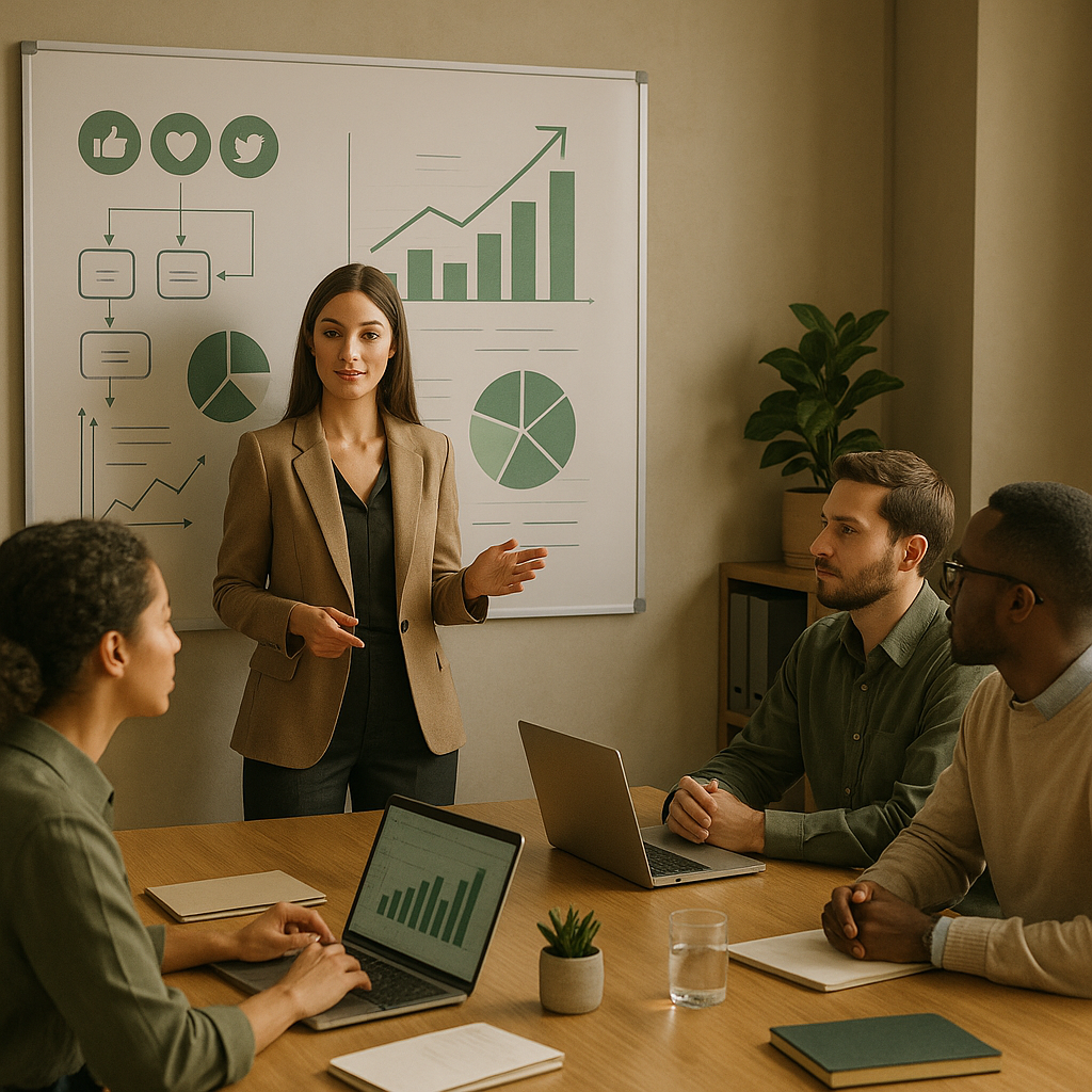 Equipe planejando um fluxo de trabalho de marketing em redes sociais com IA em um dashboard
