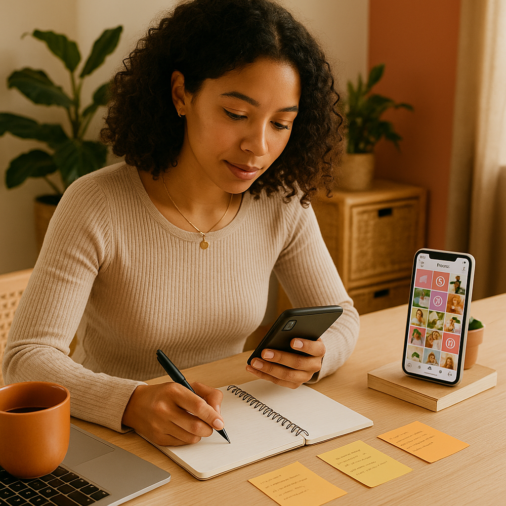 Persona usando un smartphone con branding de Instagram y analíticas