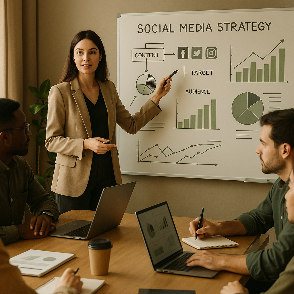 Equipo planificando una estrategia de marketing en redes sociales con calendarios de contenido y paneles de analítica