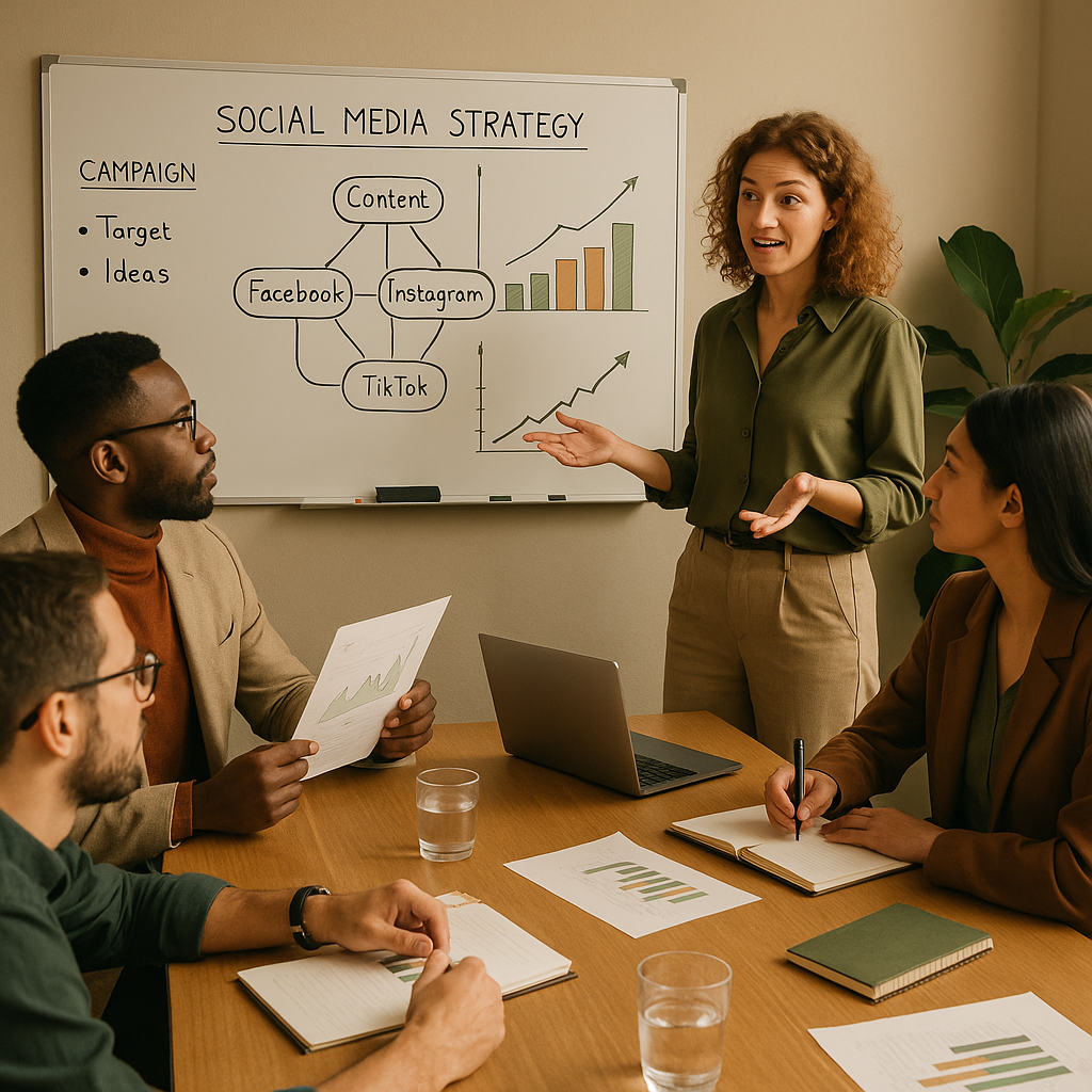 Equipo de especialistas en redes sociales colaborando alrededor de una pantalla