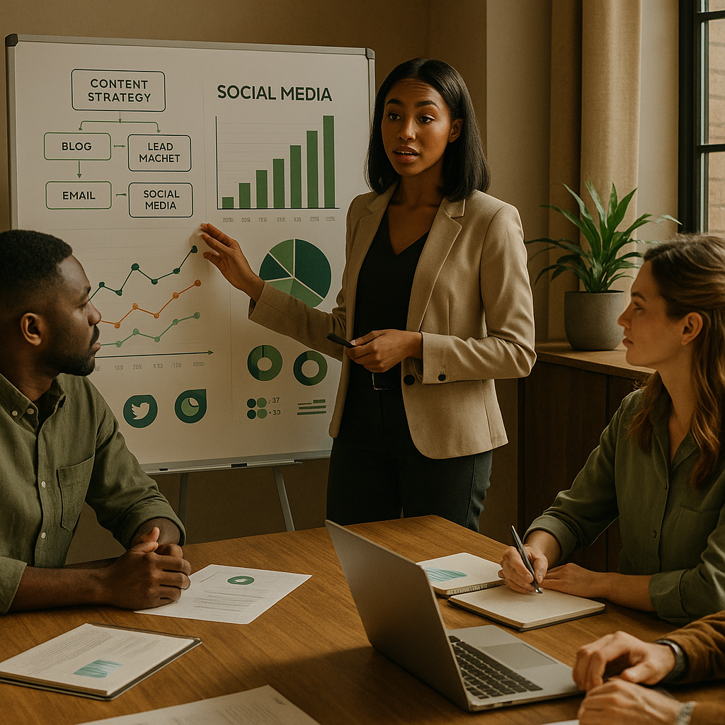 Team che pianifica i content pillar per i social media su una lavagna strategica con idee di contenuto e note di campagna.