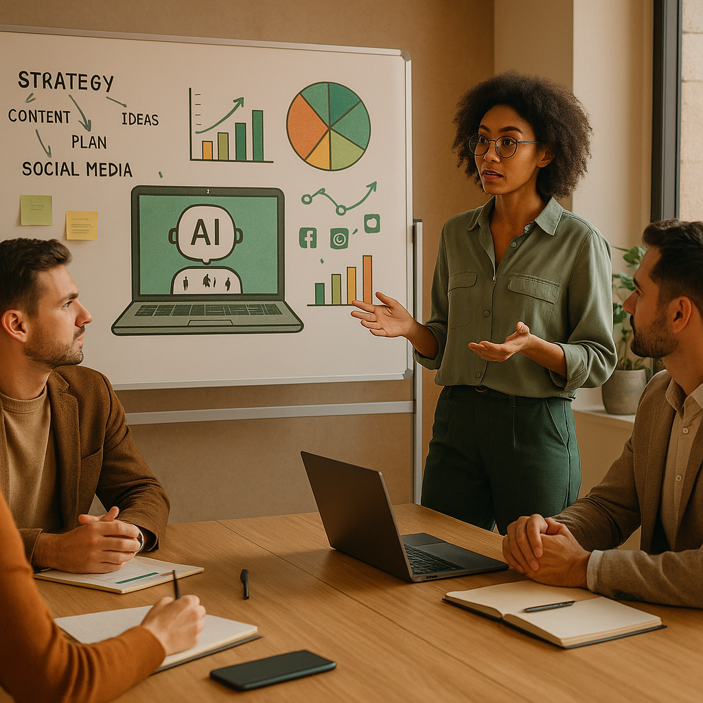 Équipe planifiant un workflow de marketing sur les réseaux sociaux piloté par l’IA sur un tableau de bord